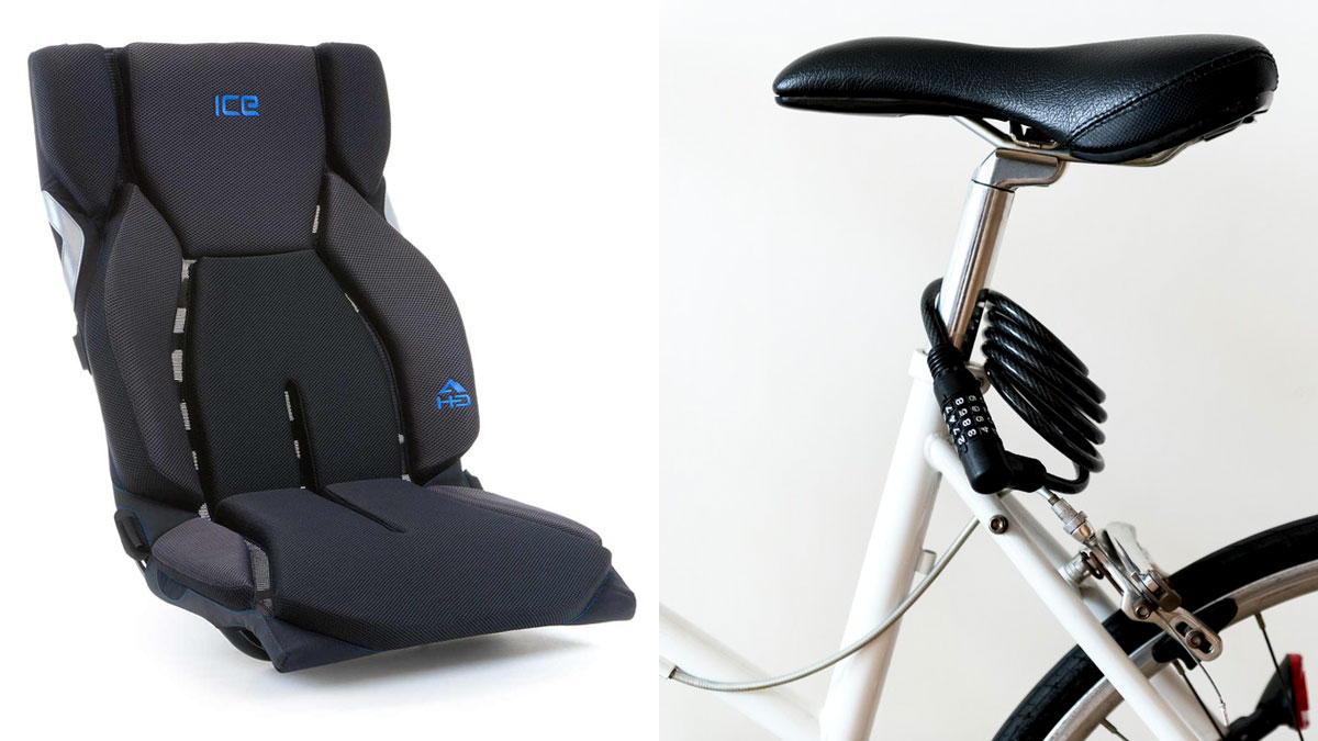 side by side photos of a recumbent trike seat and a traditional bike saddle seat