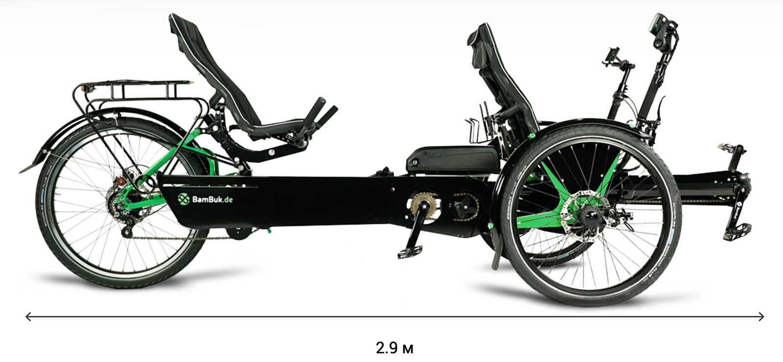 BamBuk E-Trike Tandem fully extended is 2.9 meters long