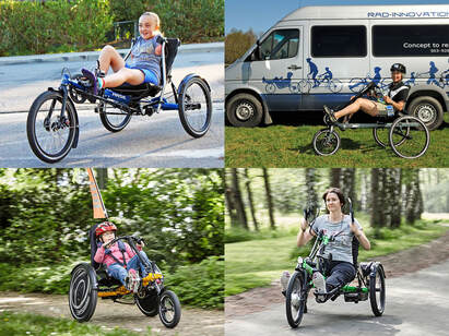 A collage of women riding adaptive trikes