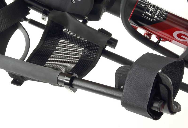 Close up of the HP Velotechnik hand cycle calf brace