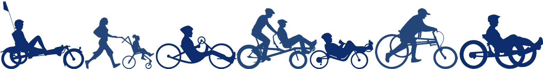 silhouettes of people using trikes, push chairs, tandem bikes, handcycles and frame runners